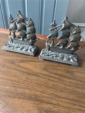 Vintage Cast Iron Constitution Ship Bookends in Antique Bronze Finish
